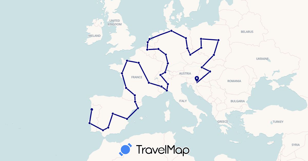 TravelMap itinerary: driving in Andorra, Belgium, Switzerland, Czech Republic, Germany, Spain, France, Croatia, Hungary, Italy, Netherlands, Poland, Portugal, Slovakia (Europe)
